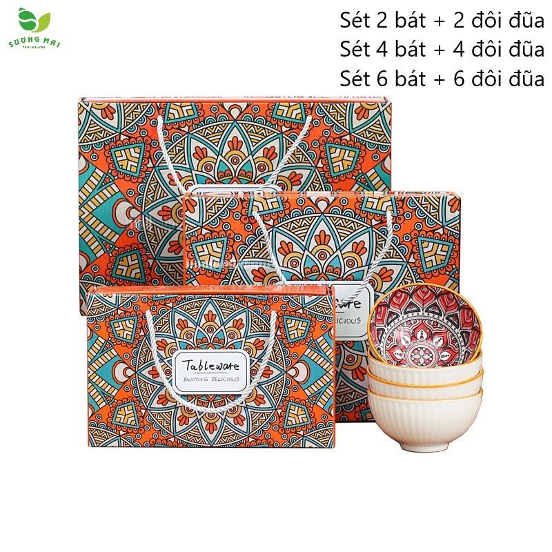 Bộ 6 bát ăn bằng gốm và 6 đôi đũa bằng gỗ