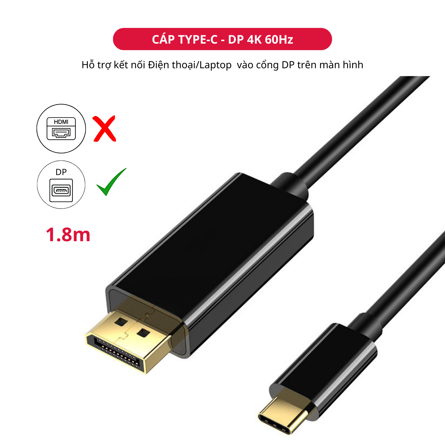 Dây Cáp Type C To DP Display Port 4K Thunderbolt 3 Dài 1.8M