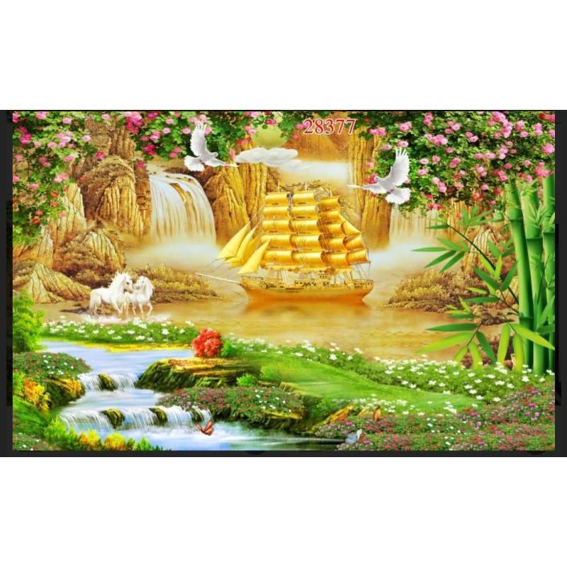 Tranh thuận buồm xuôi gió 3D dán tường in Vải Lụa