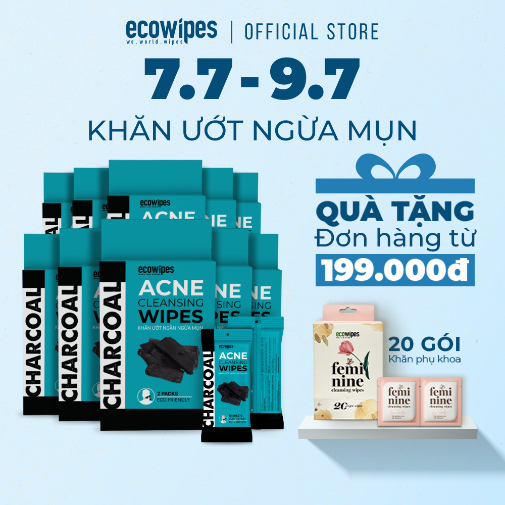 Combo 10 hộp 20 gói khăn giấy ướt ngừa mụn than hoạt tính Charcoal Anti Acne Cleansing Wipes gói 15 tờ an toàn cho da