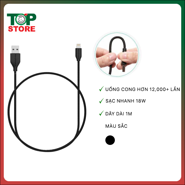 Dây cáp sạc điện thoại RAVPower RP-CB019 1m USB-A to Lightning Nylon Yarn Braided Lightning Cable, Màu Đen- Hàng Nhập Khẩu