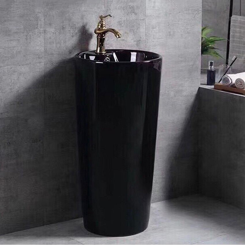 Lavabo trụ đứng màu đen bóng kiểu tròn thiết kế hiện đại