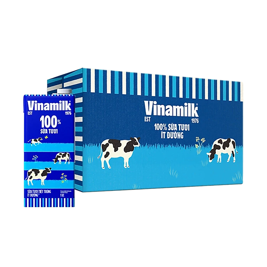 Thùng 12 Hộp Sữa Tươi Tiệt Trùng Vinamilk 100% Ít Đường