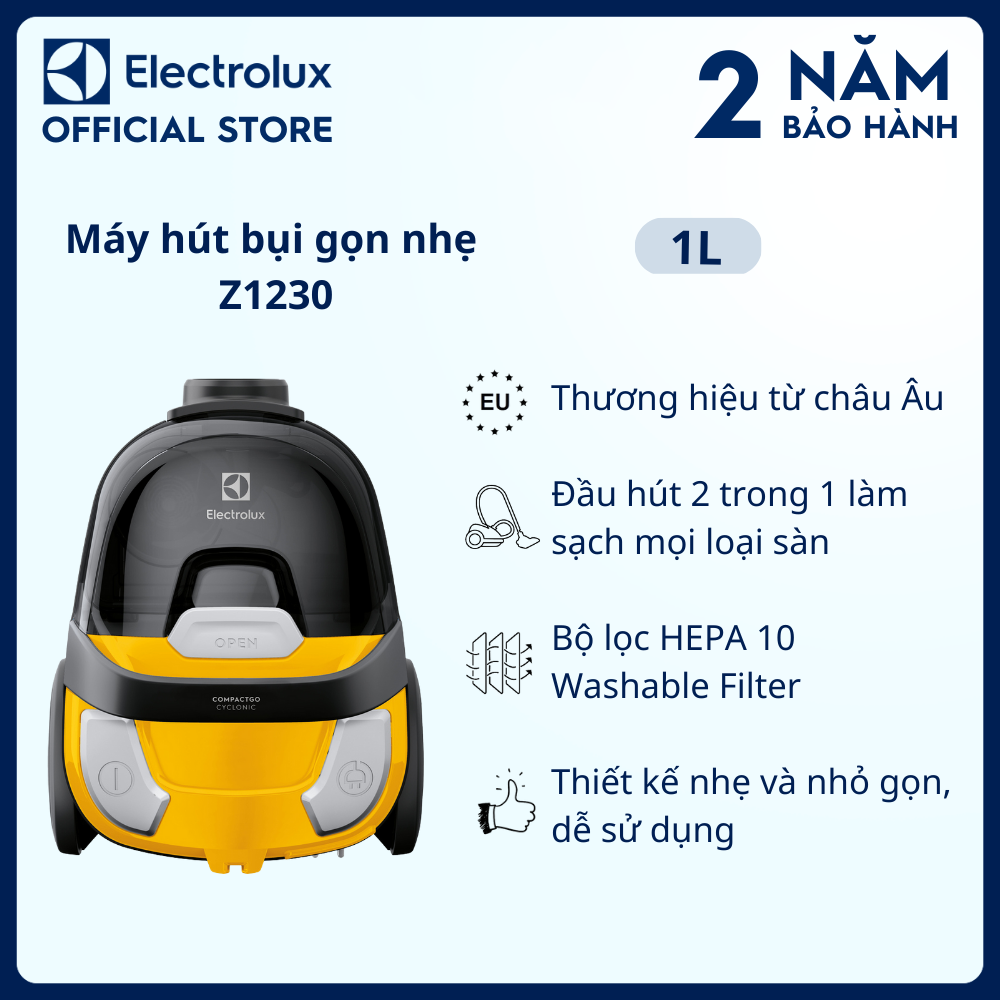 Máy hút bụi lốc xoáy siêu gọn nhẹ Electrolux CompactGo - Z1230 - Đầu hút 2 trong 1 làm sạch mọi loại sàn cùng bộ lọc HEPA 10 Washable Filter [Hàng chính hãng]