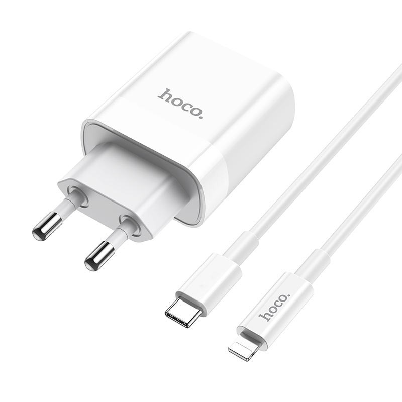 Bộ sạc nhanh PD20W Hoco C80A chuôi tròn 2 cổng USB/Type-C kèm dây sạc Type-C to Lightning dành cho iPhone - Hàng chính hãng