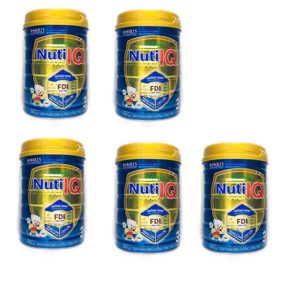 Bộ 5 lon sữa Nuti IQ Gold 3 900g - Phát triển não bộ và thị giác, Tăng cường sức đề kháng, Phát triển cân nặng - chiều cao, Tiêu hoá - hấp thu tốt, Ngăn ngừa táo bón