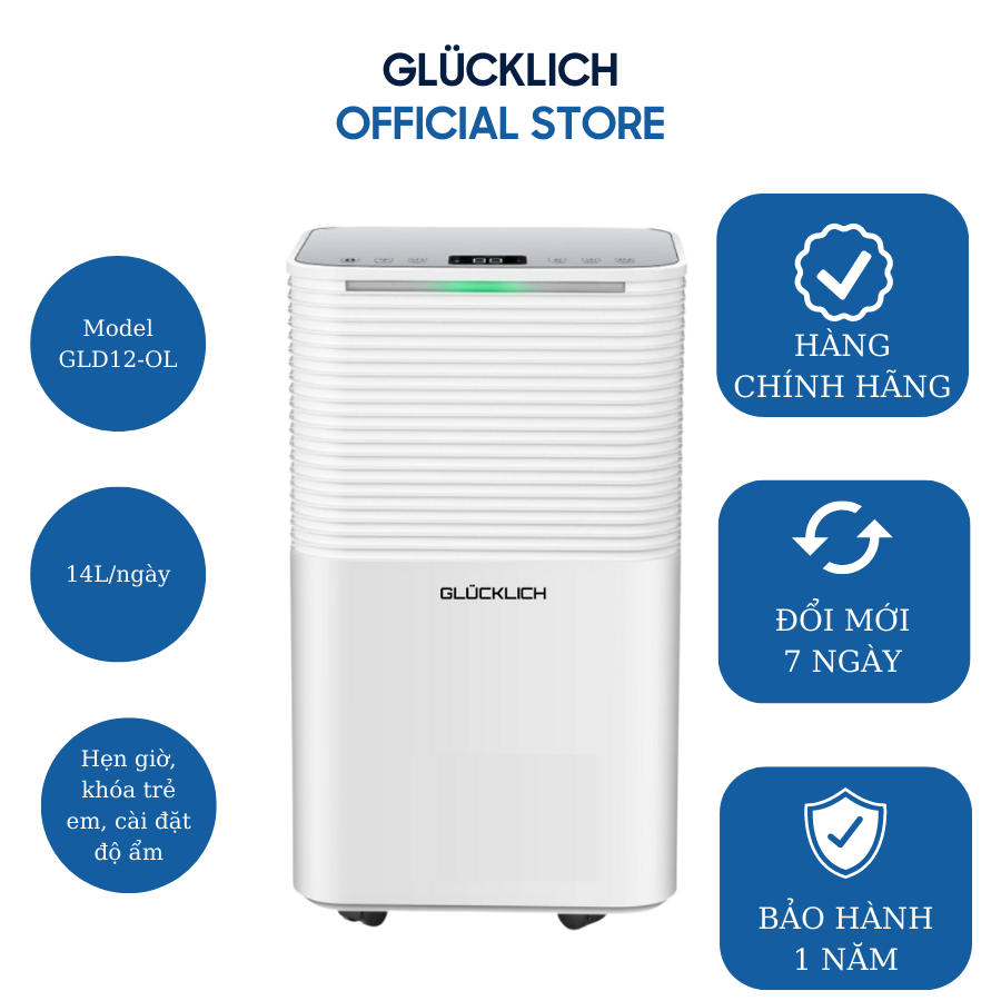 Máy hút ẩm GLUCKLICH 14L/ngày GLD12-OL - tạo anion lọc không khí - Thương hiệu Đức - Hàng chính hãng