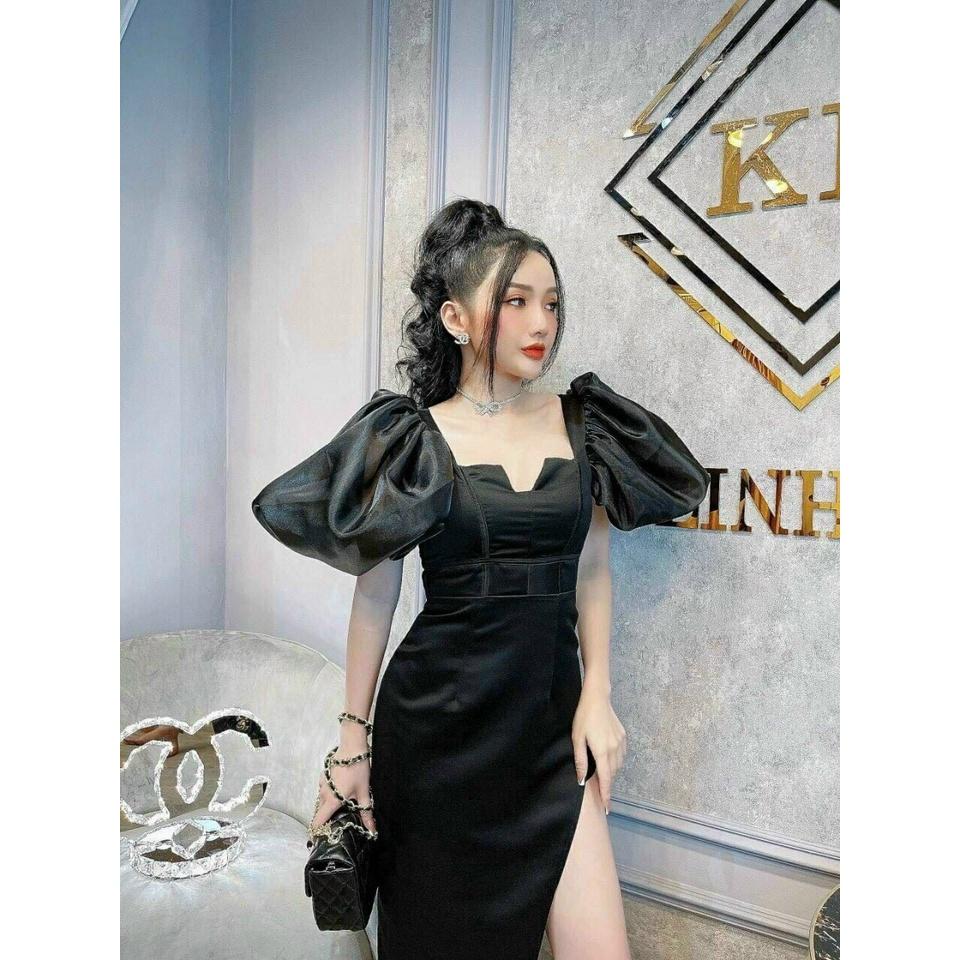 Đầm tay phồng ôm body sẻ tà cổ vuông có mút ngực  thời trang nữ thiết kế sang trong