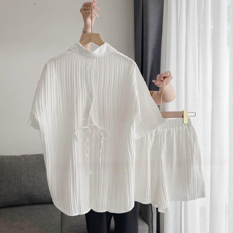 Bộ Áo Sơ Mi Cộc Tay Dây Buộc Lưng Quần Short Dáng Thụng Vải Đũi Gân