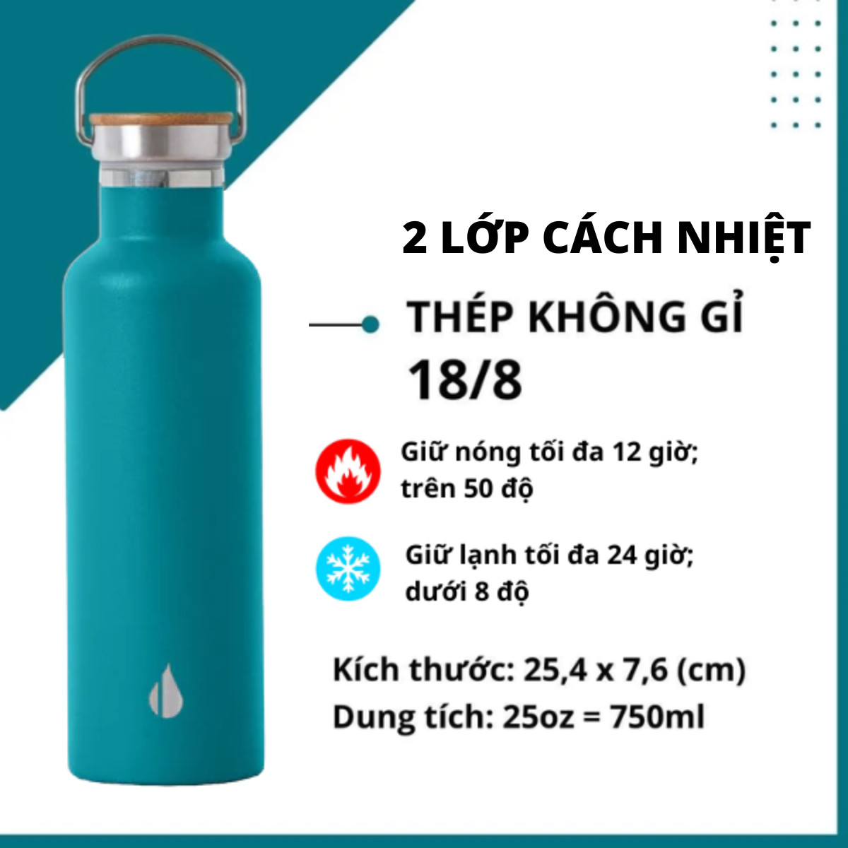 BÌNH GIỮ NHIỆT ELEMENTAL MÀU XANH CỔ VỊT (750ML), BÌNH NHẬP KHẨU MỸ, ĐẠT CHUẨN FDA HOA KỲ, THÉP 304 KHÔNG GỈ, GIỮ NÓNG LẠNH