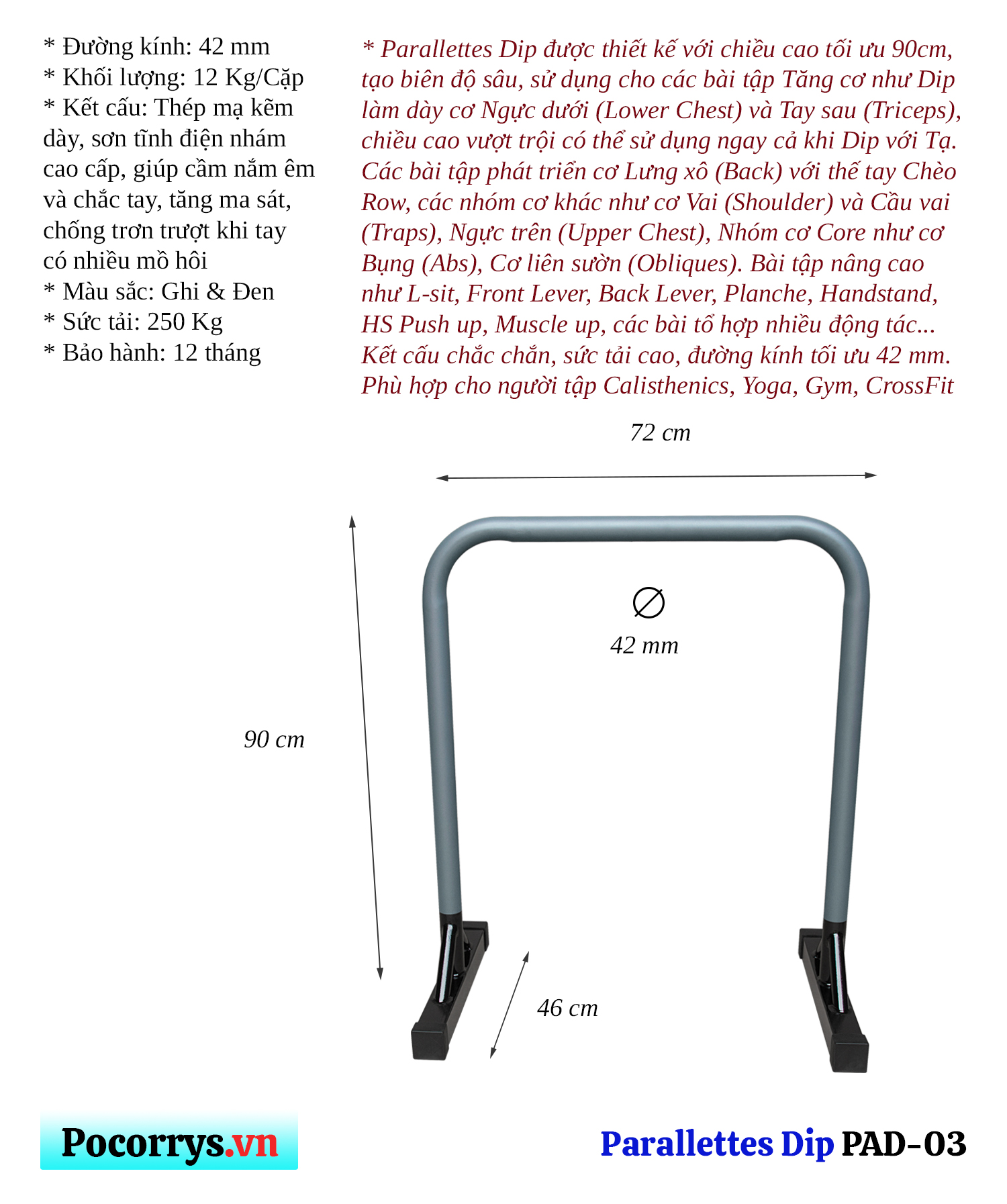 Xà kép Parallettes Dip cao 90cm, Pocorrys PAD-03, Màu ghi chân đen