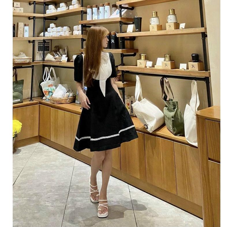 Đầm xoè tiểu thư viền ren phối cổ dập ly cột nơ duyên dáng