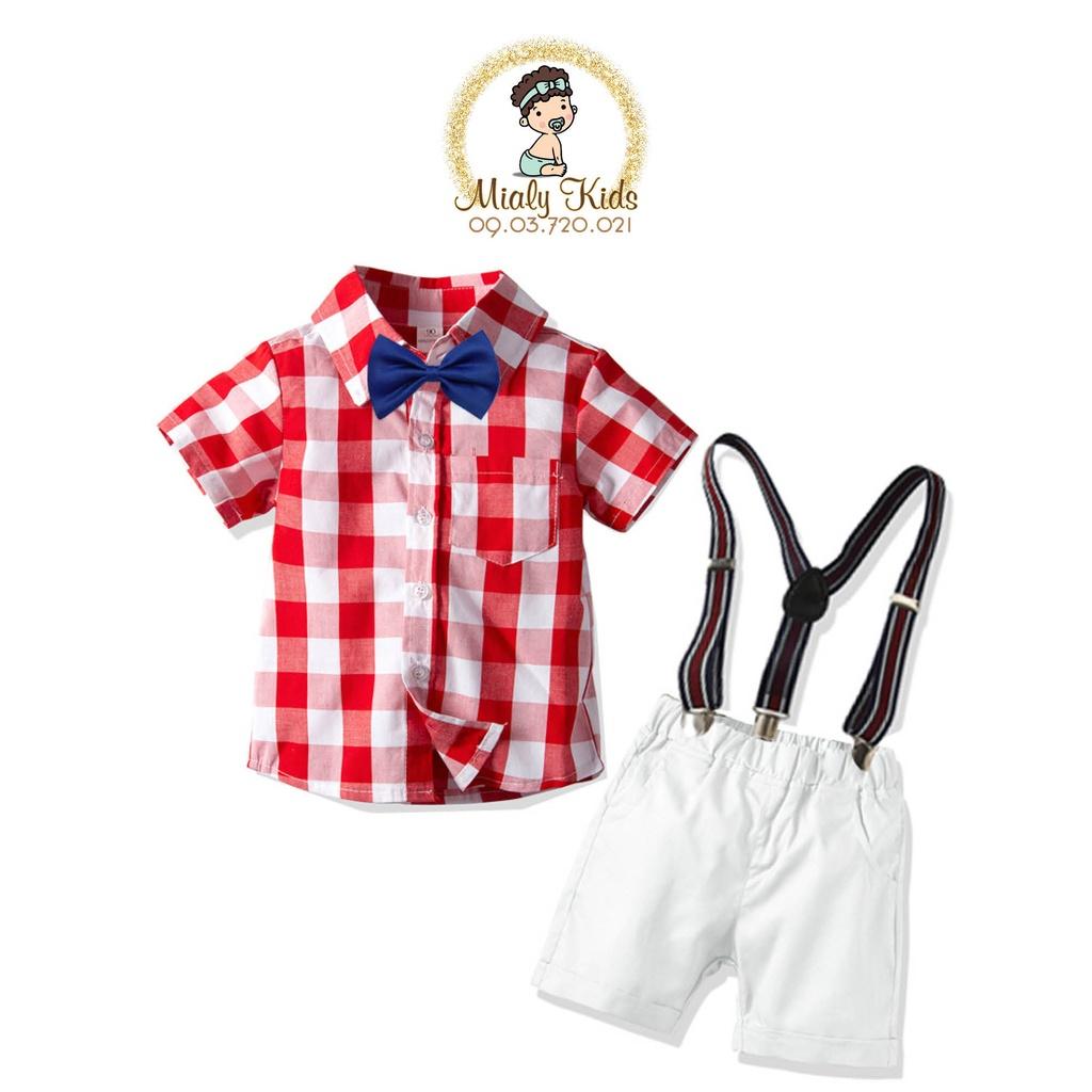 Set yếm và áo caro đỏ phù hợp chụp ảnh, thôi nôi cho bé trai  - Vải thoáng mát cho bé hoạt động