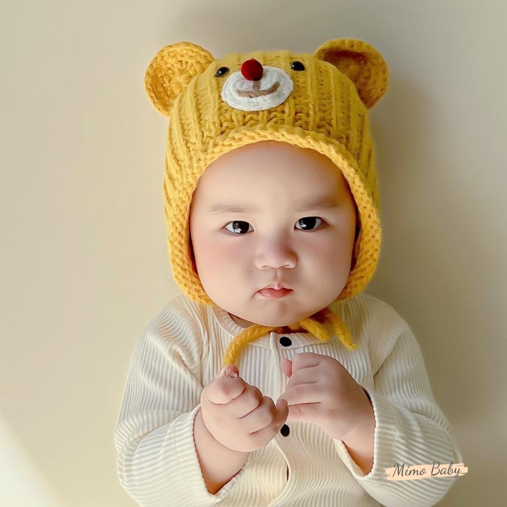 Mũ nón len buộc dây mùa đông đan hình mặt gấu đáng yêu cho bé ML197 Mimo Baby