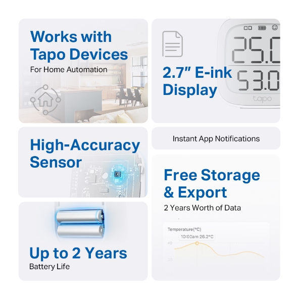 Thiệt bị đo nhiệt độ và độ ẩm thông minh TP-Link Tapo T315 | Màn hình E-ink 2.7&quot; | App điều khiển Tapo | Bảo hành 1 năm | Hàng Chính Hãng