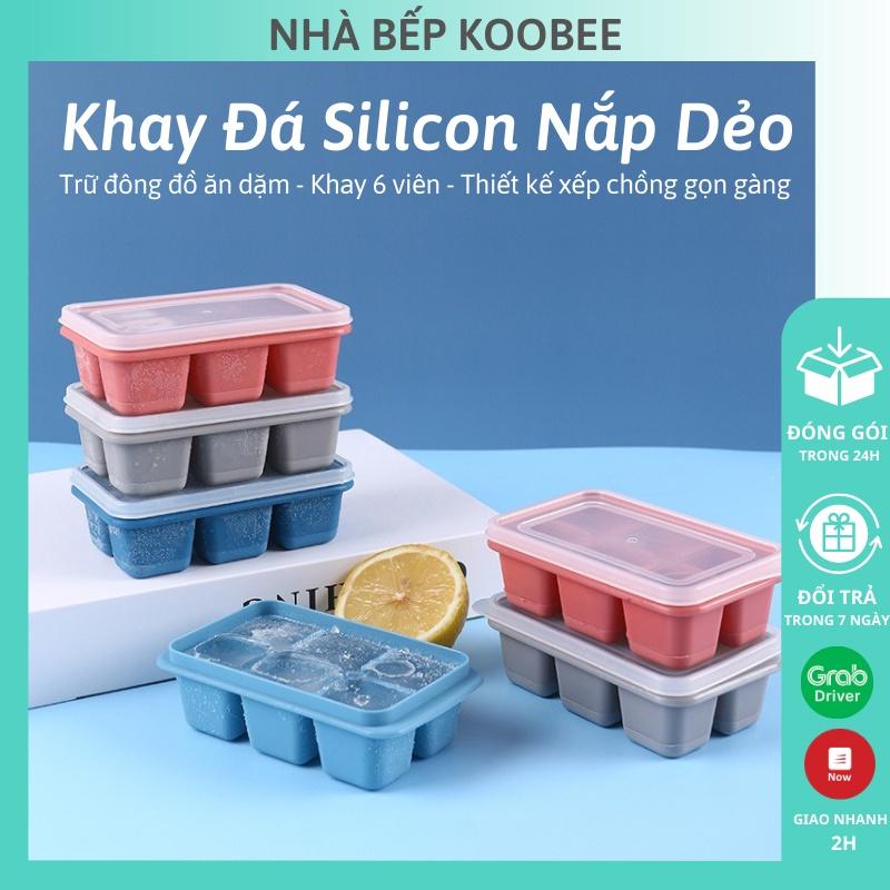 Khay đá khay trữ đông ăn dặm, làm thạch rau câu silicon dẻo 6 ngăn có nắp đậy - Bộ chia thức cho bé ăn dặm KooBee (NB56)