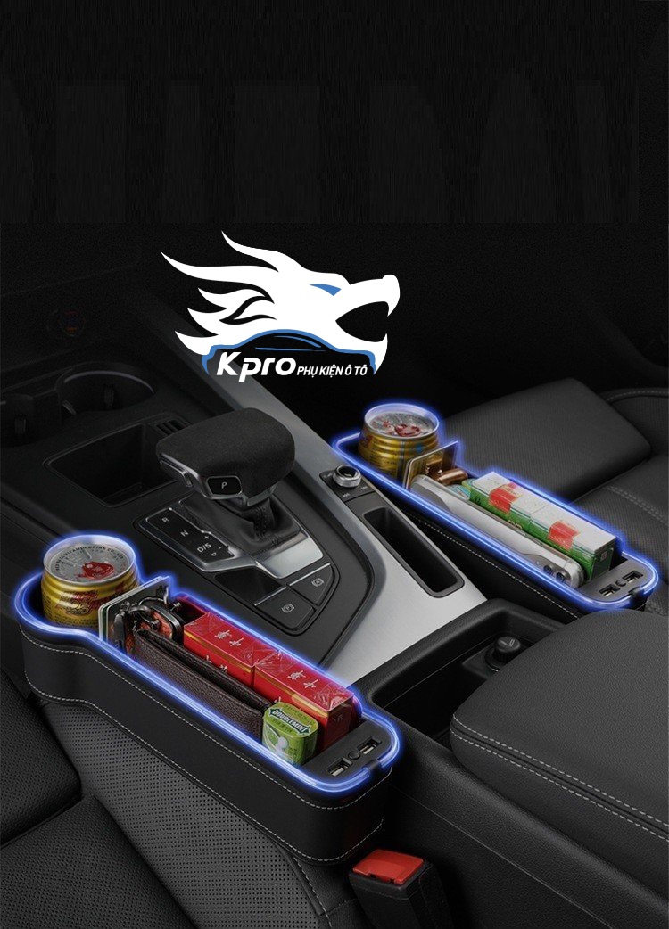 Khay đựng đồ khe ghế ô tô có đèn led + 2 cổng USB - Hàng Kpro chất lượng cao