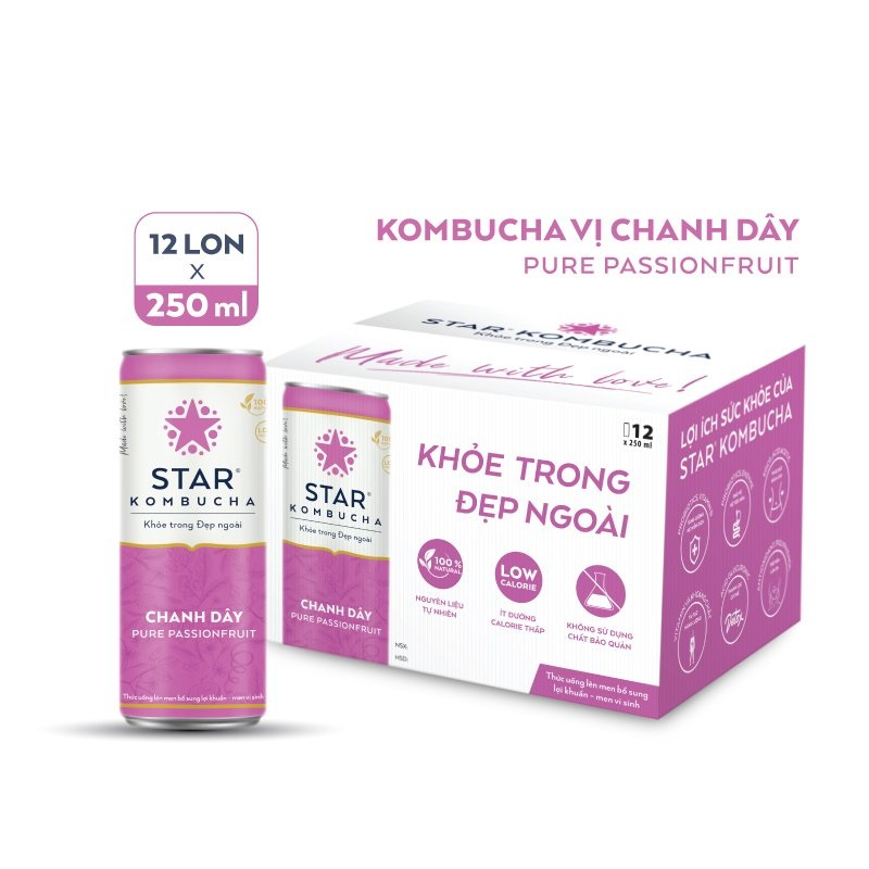 Thùng 12 lon thức uống lên men STAR KOMBUCHA Chanh Dây / Pure Passionfruit (250ml/lon)