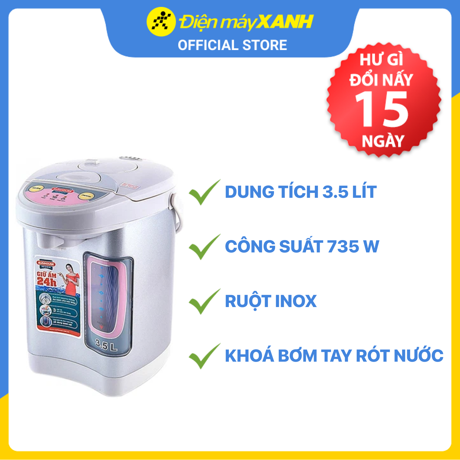 Bình Thủy Điện Sunhouse SH1535 (3.5 lít) - Hàng chính hãng