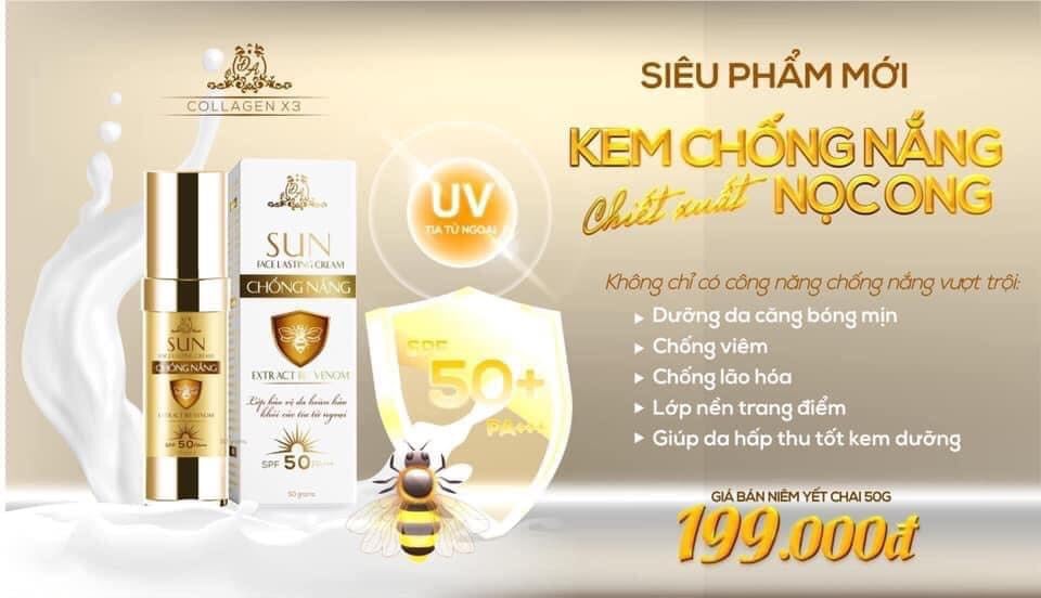 Chống Nắng Sun Face Lasting Cream Collagen X3 Đông Anh, Chiết Xuất Nọc Ong, Chống Nắng Vượt Trội Kết Hợp Dưỡng Da Bên Trong, 50gr