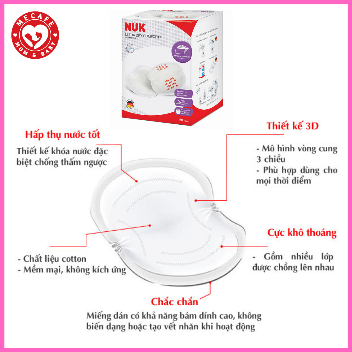 Hộp 60 lót thấm sữa cotton cao cấp NUK cho cảm giác khô thoáng thoải mái + tặng túi thun buộc tóc