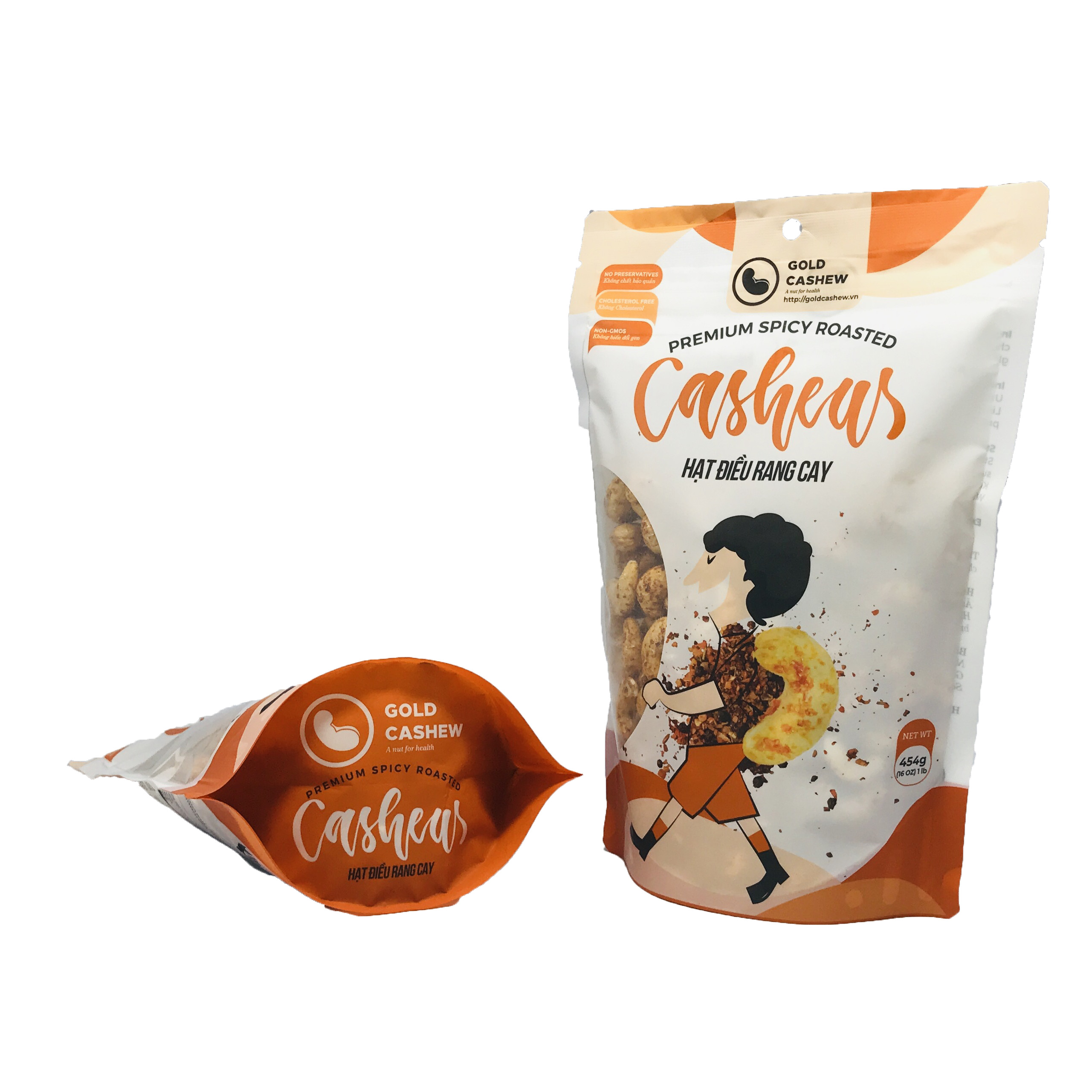 Hạt Điều Rang Cay Cao Cấp Gold Cashew - Premium Spicy Roasted Cashew, Chuẩn hạt điều size WW240, Công nghệ rang không dầu và muối tinh thể, Không chất bảo quản, Không Cholesterol