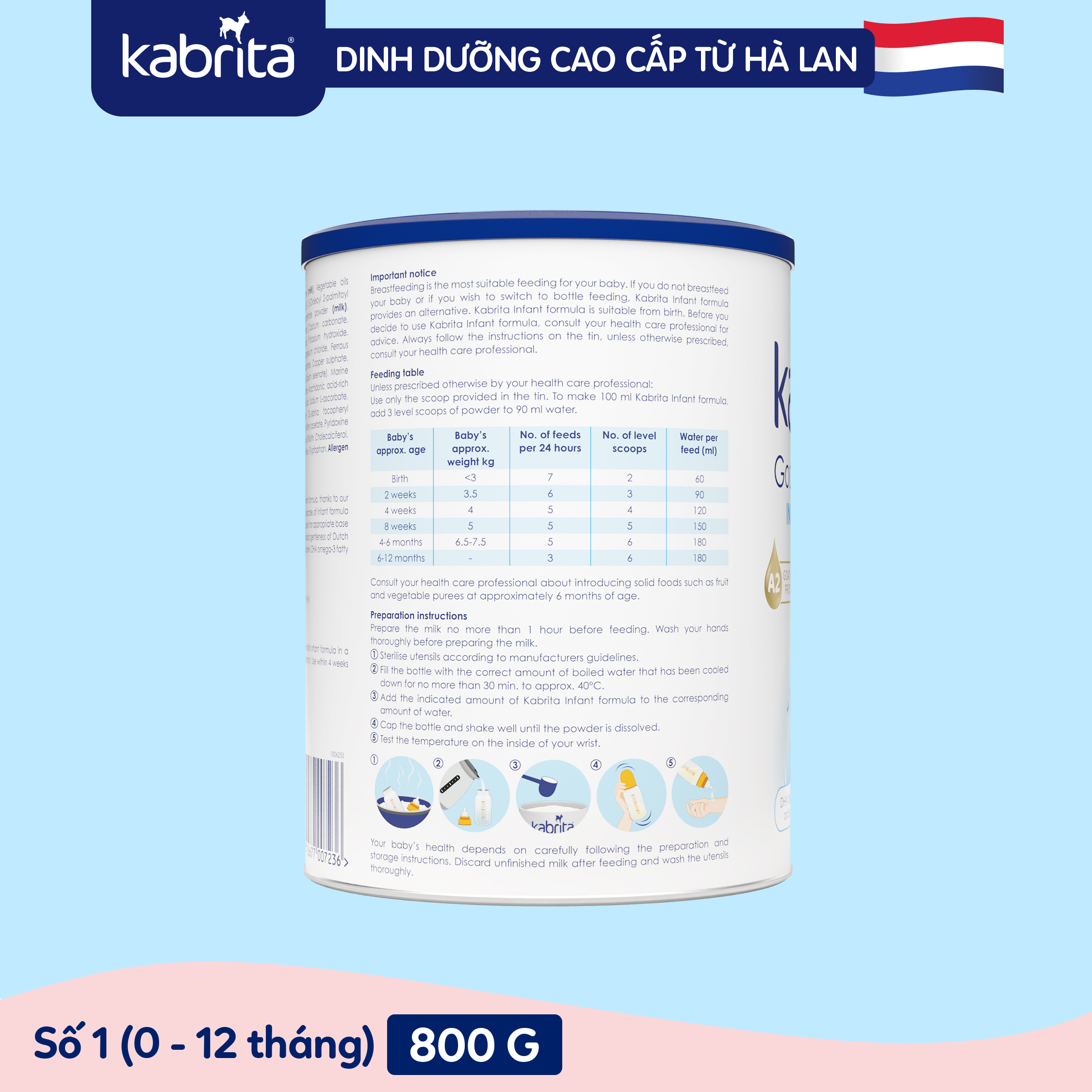 [TẶNG TÚI BỈM] COMBO 3 Sữa dê Kabrita số 1 cho trẻ- Lon 800g