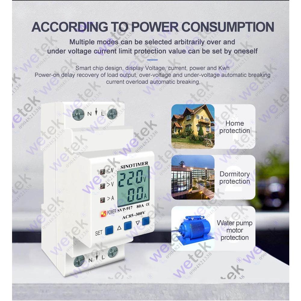 SVP-917 Công tơ kiêm bảo vệ điện áp, dòng điện, LCD, 9999.9kWh (2 chiều), 85~300Vac, 1~80A, đo V A kWh kW, Sinotimer