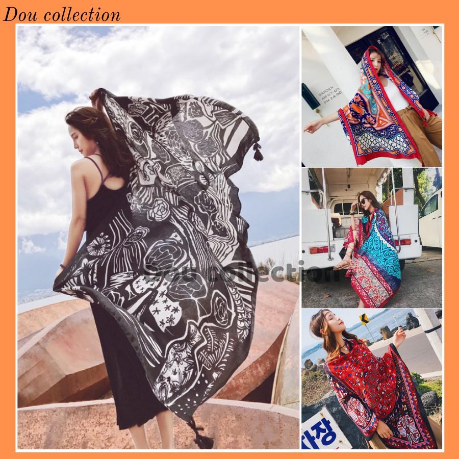 Khăn Choàng Cổ Boho Họa Tiết Thổ Cẩm Du Lich Biên Vintage - Chất Liệu Cotton - Size:90x180cm - Mã KC007