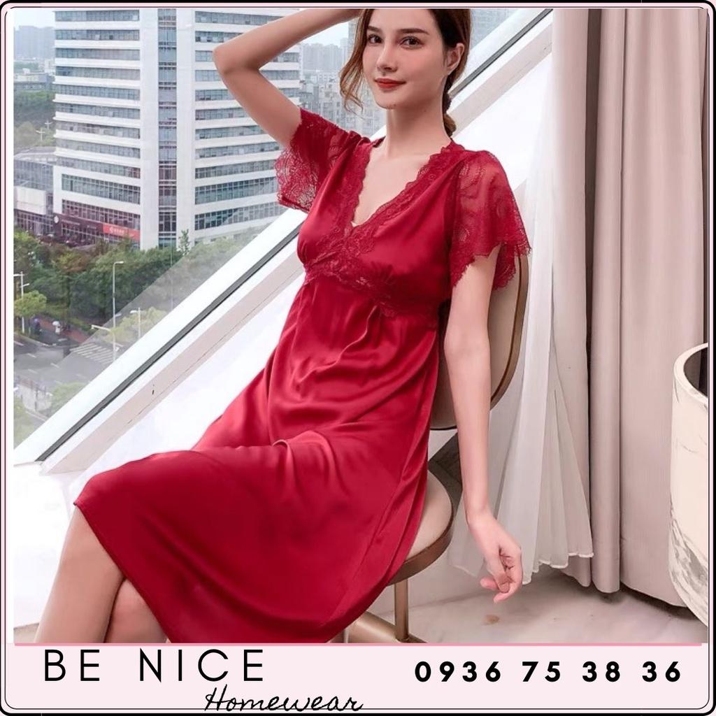 Váy ngủ lụa cao cấp phối ren có tay sang trọng cho nàng, Be Nice Homewear