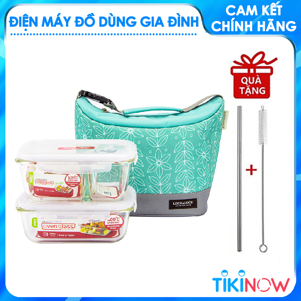 Bộ Túi Hộp Cơm Thủy Tinh Chịu Nhiệt Lock&Lock 3EA LLG428M2 Dùng Được Trong Lò Vi Sóng, Máy Rửa Chén - Hàng Chính Hãng Tặng Combo Ống Hút + Cọ Rửa
