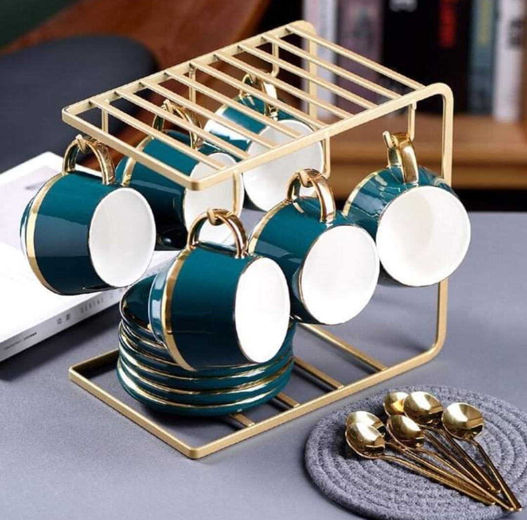 Bộ ấm chén sứ xương viền vàng cao cấp kèm bình đường rót sữa, bộ ấm pha trà kèm giá treo săng trọng.