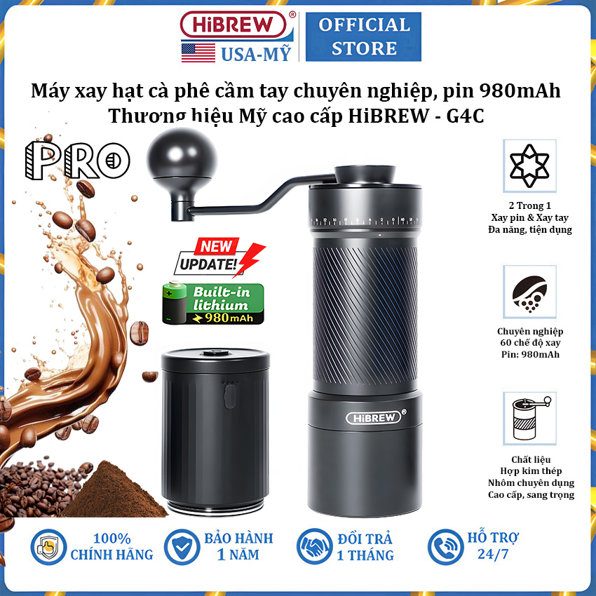 Máy xay hạt cà phê cầm tay kèm pin 60 cấp độ xay 2 trong 1 thương hiệu Mỹ HiBREW G4C - Dung lượng pin 980mAh - Hàng chính hãng