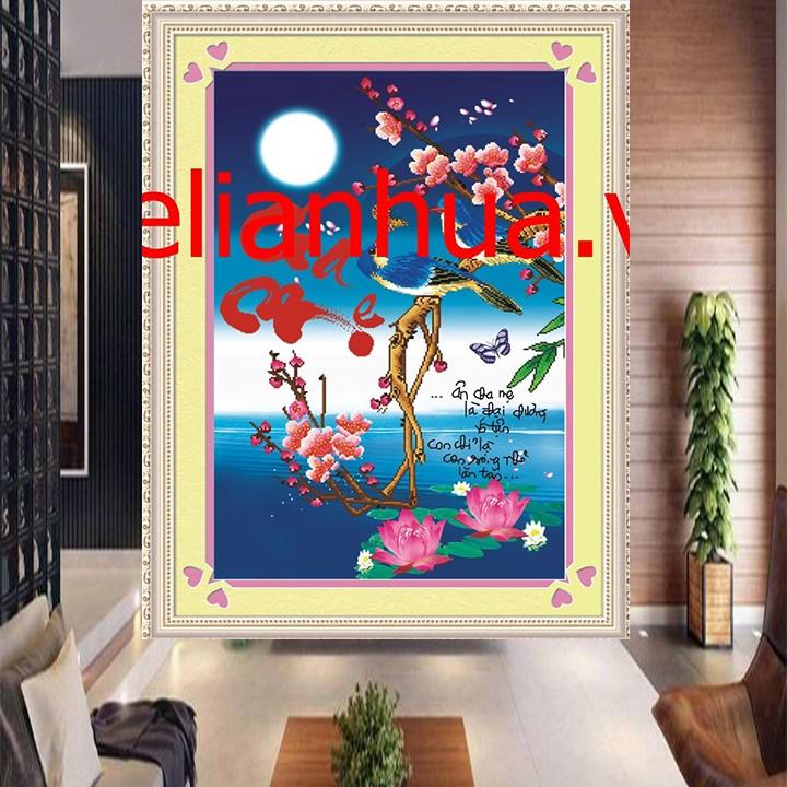 Tranh thêu cha mẹ chim hoa đào 222594 - kích thước: 40 * 56cm.