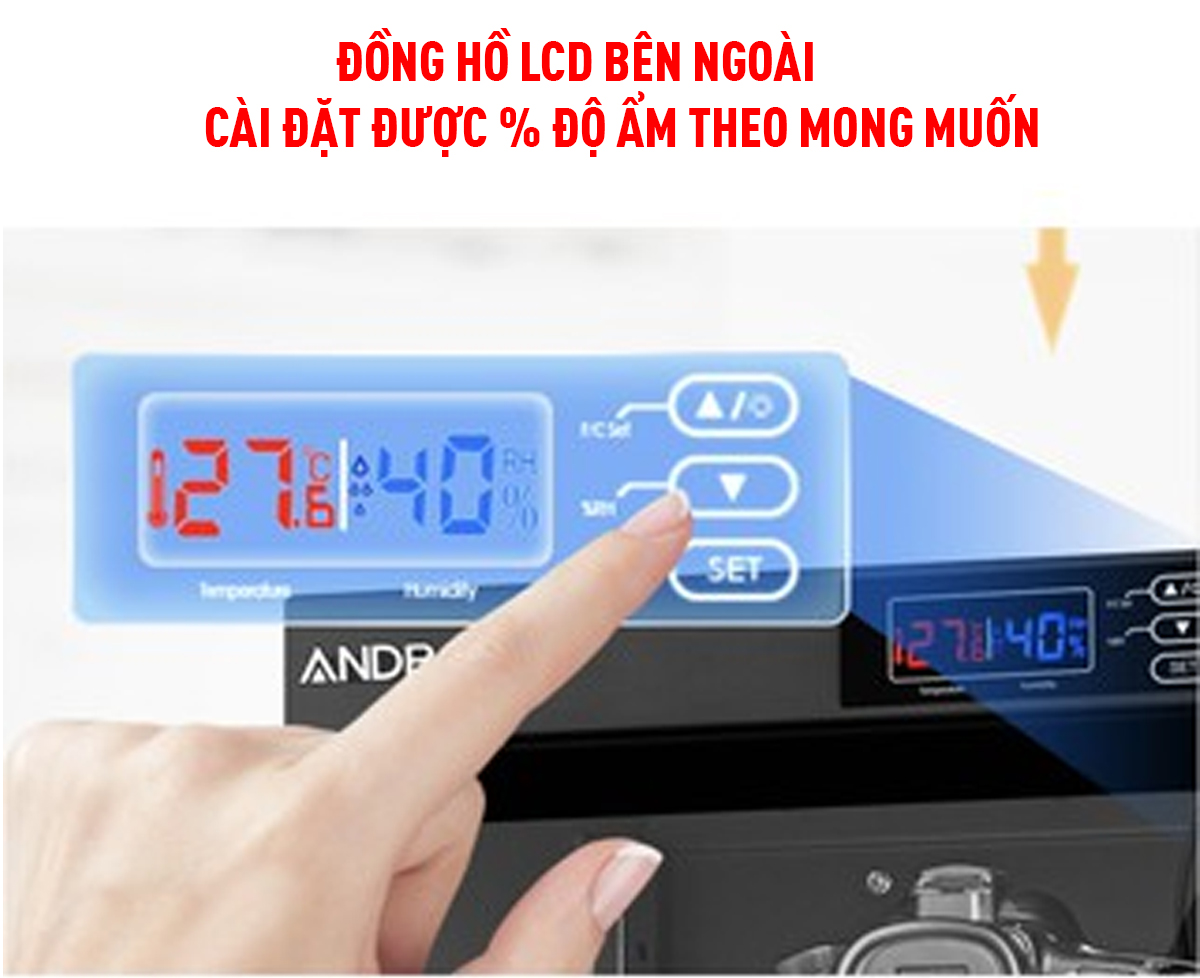 Tủ chống ẩm máy ảnh  30 Lít nhập khẩu Andbon, Tủ hút ẩm 30L., 2 ngăn, màn lLCD  cài đặt % độ ẩm, tiết kiệm điện - Hàng Chính hãng