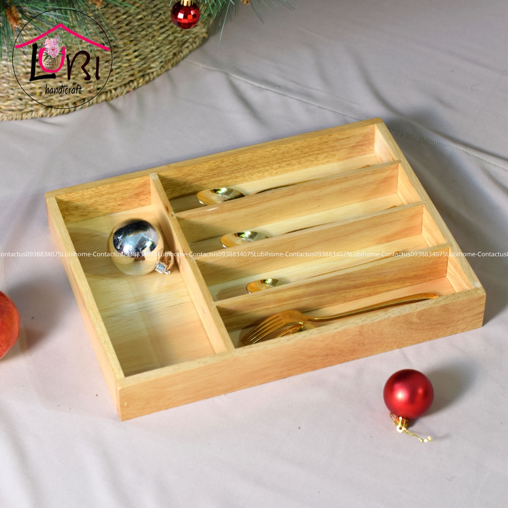 Lubihandicraft - Khay gỗ thông đựng muỗng nĩa 5 ngăn - cao cấp