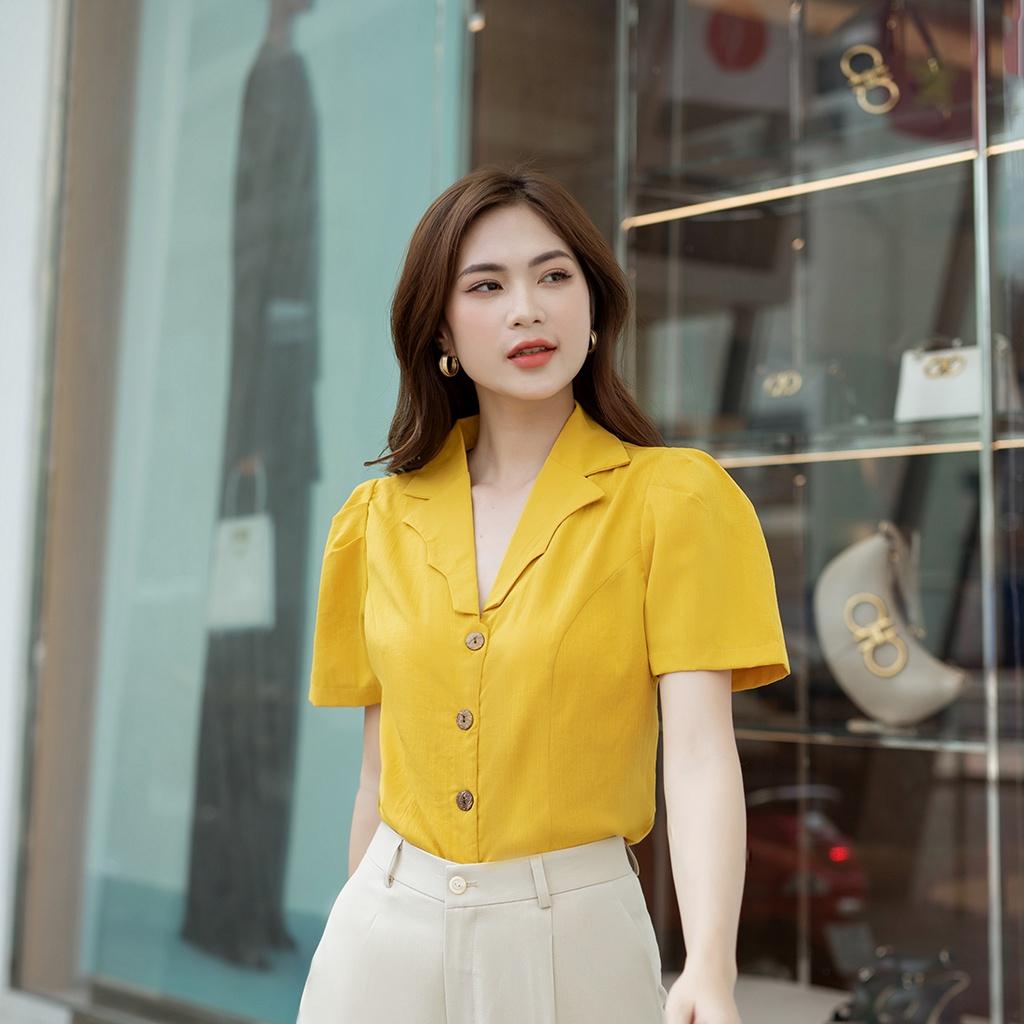 Áo kiểu công sở dáng ngắn cổ danton viền sóng - ASM195