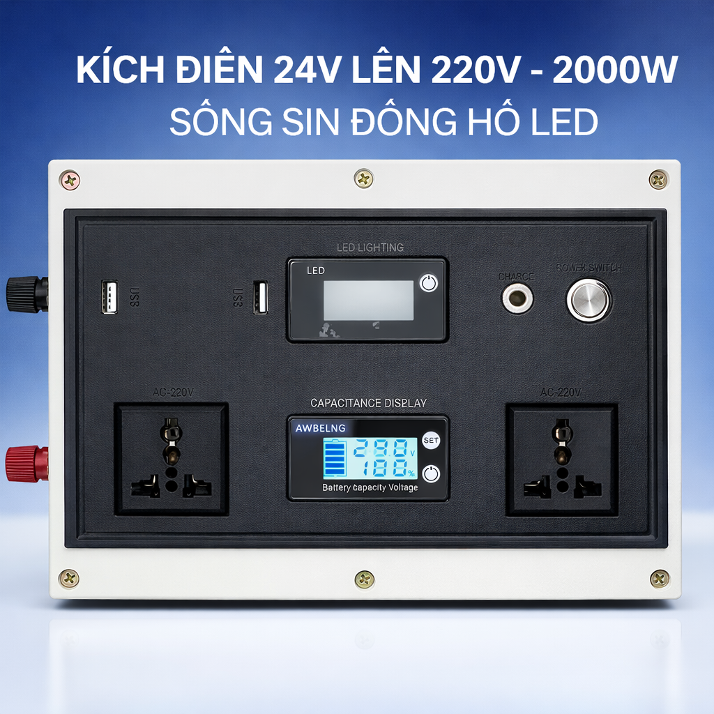 Kích Điện 24V Lên 220V 2000W Sóng Sin Chuẩn Nhật – Inverter Cao Cấp Có Màn Hình LED, Chạy Êm Bền Bỉ, đèn trang trí