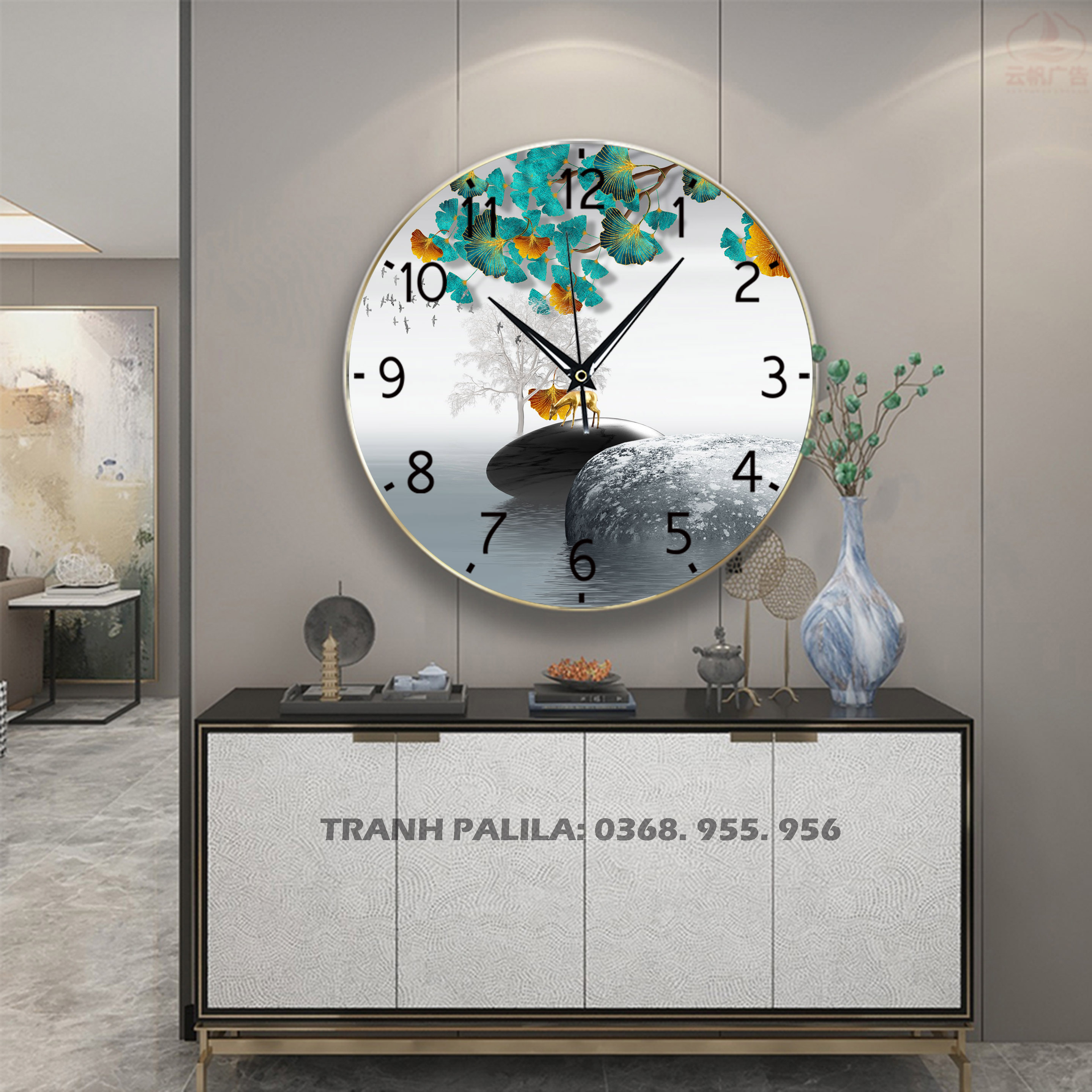 Đồng Hồ Tráng Gương Mẫu Tròn Kèm Pin, Đinh Treo Đầy Đủ - Tranh Đồng Hồ Những Chú Hươu Bên Hồ Đẹp