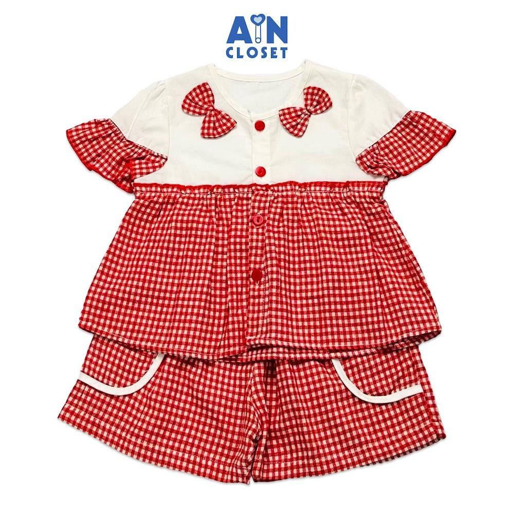 Bộ quần áo ngắn bé gái họa tiết Caro Đỏ Nơ cotton - AICDBGW6JL49 - AIN Closet