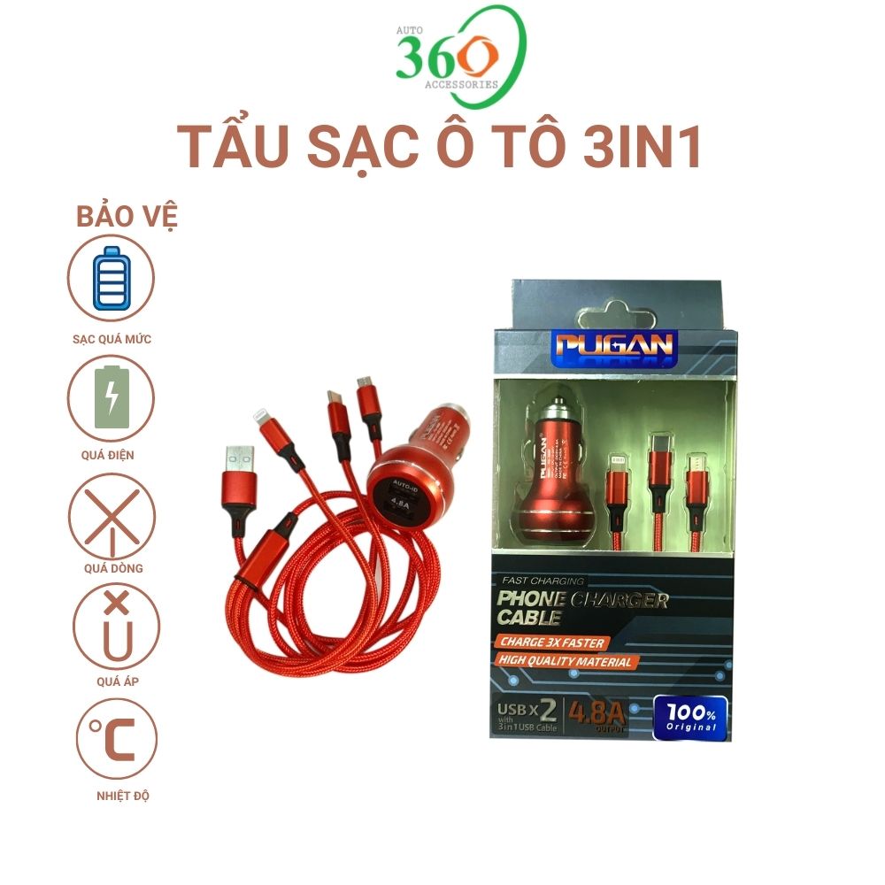 Bộ Sạc Xe Hơi 3 In 1 Chất Lượng Cao Với 2 Cổng USB, Đầu Ra 4.8A