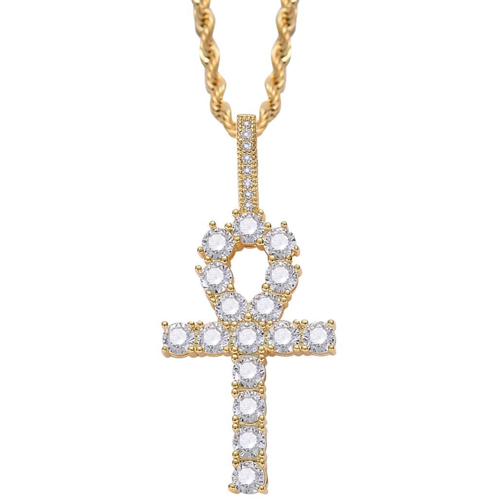 Necklace with Key Cross Pendant Zircon Jewel Accessory for Women Men Golden