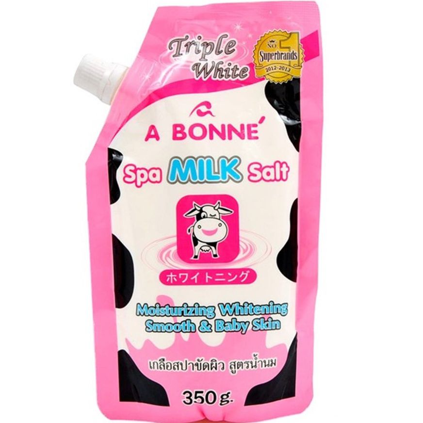 Muối Tắm Sữa Bò Tẩy Tế Bào Chết A Bonne Spa Milk Salt Nhập Khẩu Từ Thái Lan (350gram/Gói Có Vòi), Hạt Mịn Thơm Mùi Sữa, Giúp Làm Sạch Và Làn Da Mịn Màng