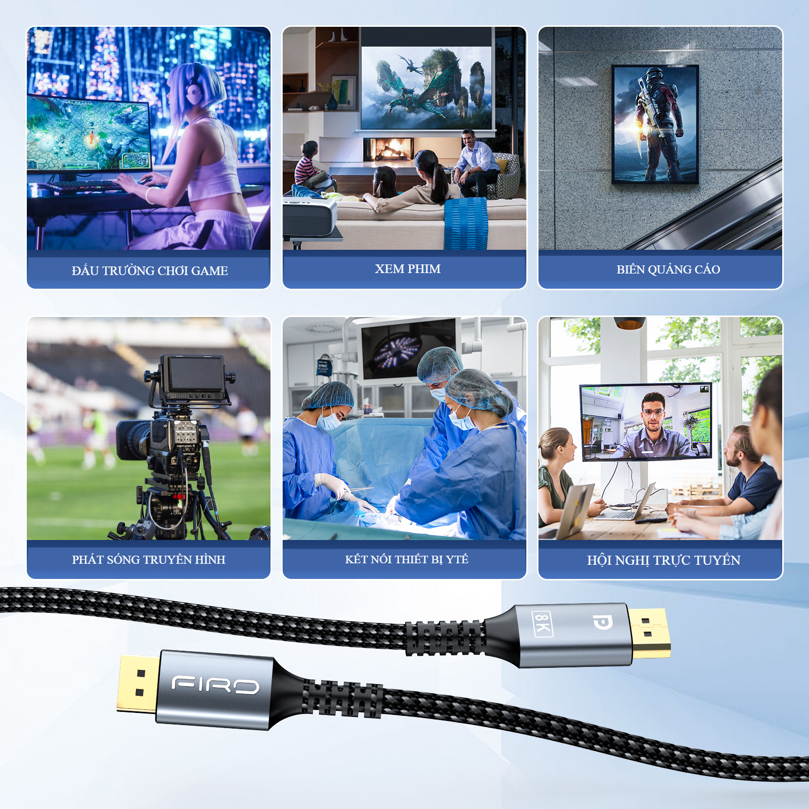 Cáp DisplayPort FIRO - Dây DisplayPort 1.4 8K/60Hz/32,4Gbps - Dây Cáp DP to DP - Dài 3M Lõi Dù Dùng Cho Tivi / Máy Tính / Playstation - Hàng Chính Hãng