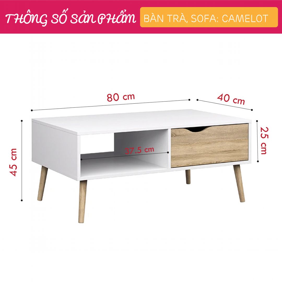 Bàn trà gỗ hiện đại SMLIFE Camelot | Gỗ MDF dày 17mm chống ẩm | D80xR40xC45cm