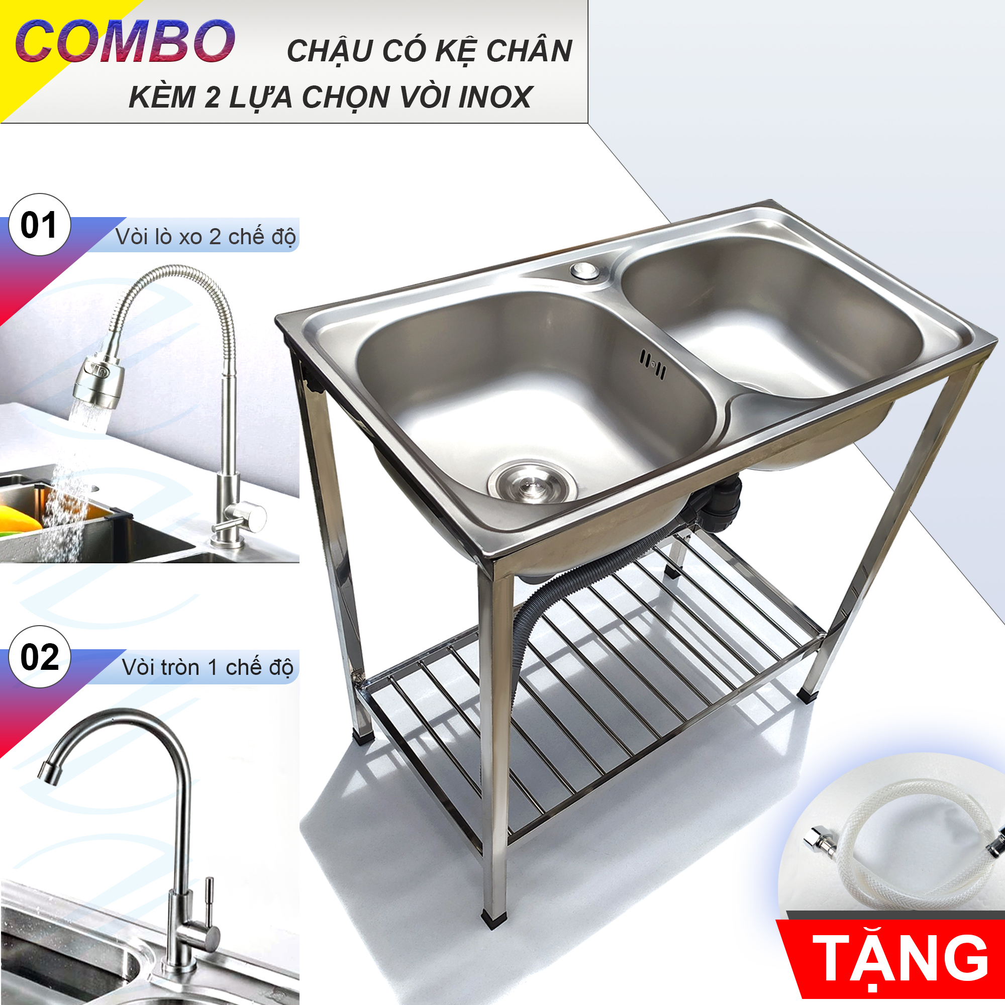 COMBO Chậu Rửa Chén Bát 2 Hộc 78x43cm Có Chân Kèm Vòi Inox Nước Lạnh KAZTA - Gồm kệ chân, chậu, vòi, bộ xả tặng dây cấp keo non