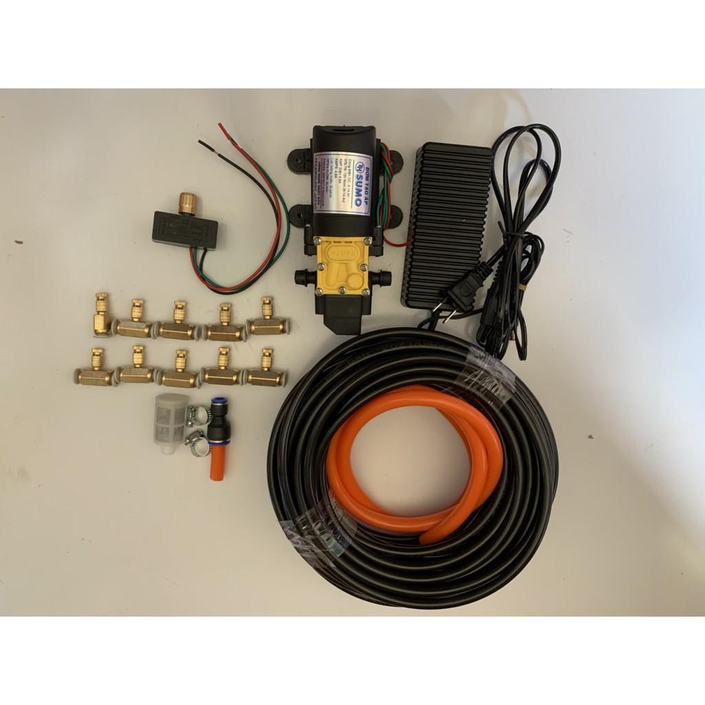 Bộ phun sương. tưới lan. bộ bơm sumo Đen kèm ng,uồn 12v_5a. 15m dây phun. 10 béc đồng. giúp làm dịu mát căn nhà và vườn
