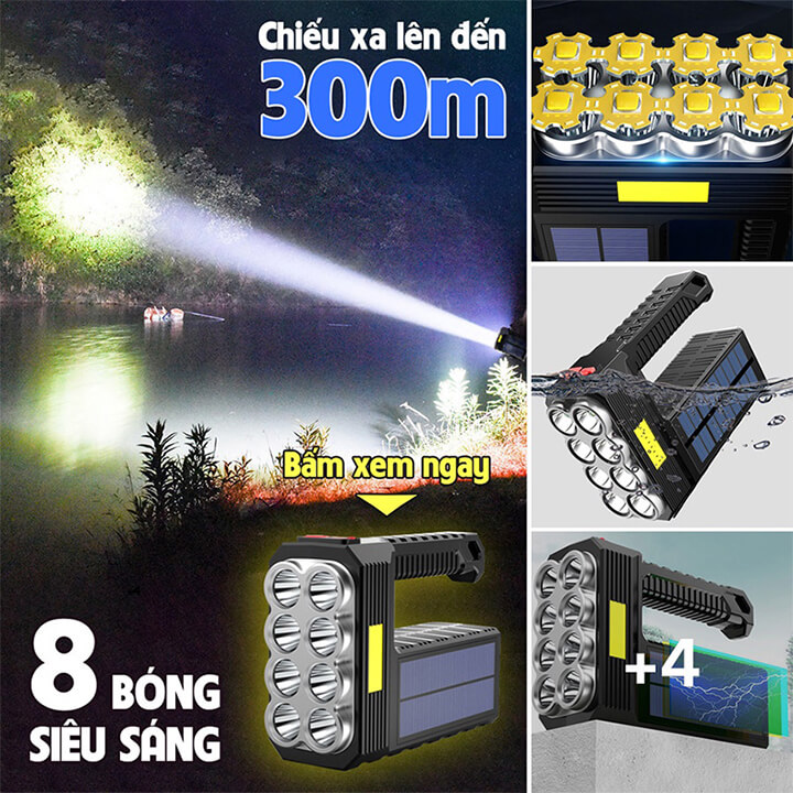 Đèn pin cầm tay siêu sáng 8 bóng Led chiếu xa 300m chống thấm nước, pin trâu, đèn pin sạc tích điện năng lượng mặt trời