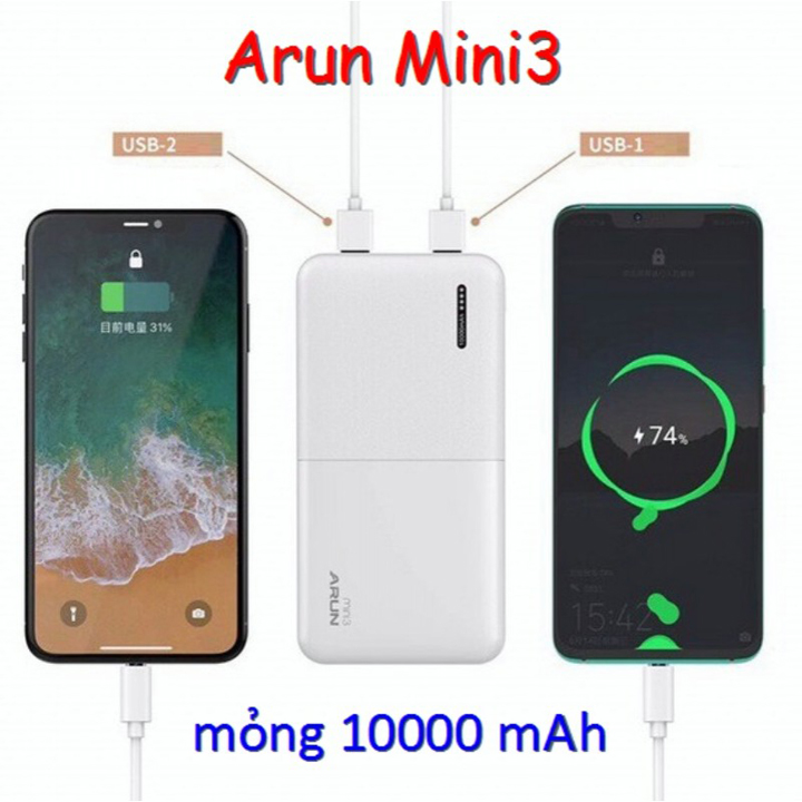 Pin sạc dự phòng Arun Mini Power Pank Mini 3 10.000mAh - Hàng chính hãng