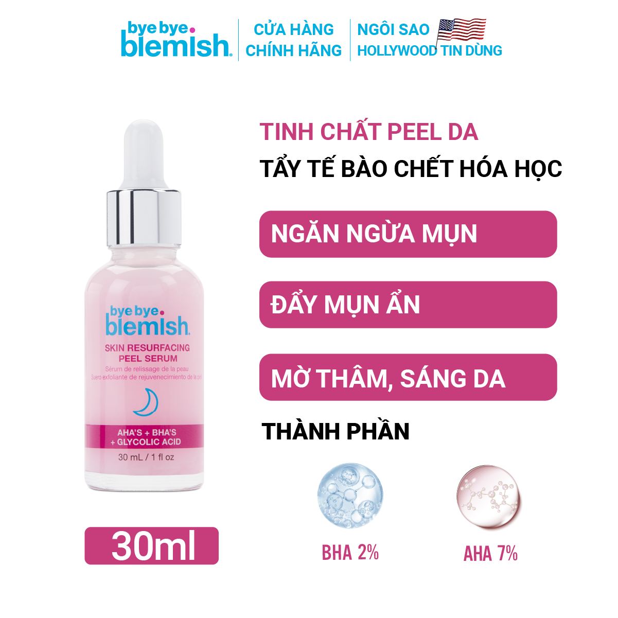 Tinh chất Peel da AHA + BHA giúp tái tạo, mờ thâm, mịn màng da Bye Bye Blemish Skin Resurfacing Peel Serum 30ml